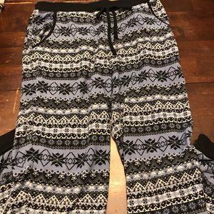 Blue, Black, and White Lounge pants.